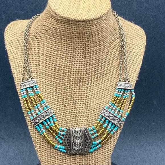 Vintage Jewelry - Bohemian Multi-Strand Necklace 19 In Tribal Rhinestone Turquoise Beaded Chain